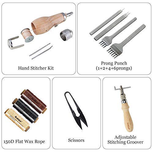 Leather Sewing Kits SIMPZIA Leather Stitching Tools, Leather Tools and Supplies with Hand Stitcher Sewing Awl Kit, Adjustable Stitching Groover, Prong Punch for Leather Craft