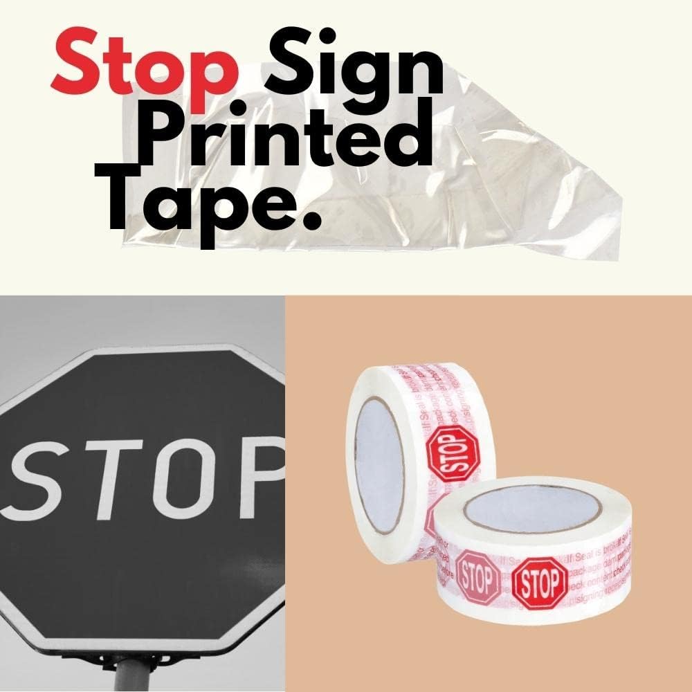 PSBM Broken Seal Tape with Dispenser, 2 Inch x 110 Yards, 6 Pack Tape + 1 Dispenser, Stop Sign Seal is Broken Check Contents in Red Letters on White Tape