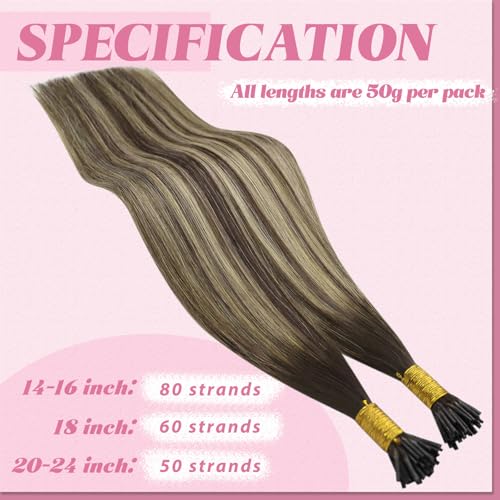 Image of YoungSee I Tip Extensions Balayage, I Tips Hair Extensions Real Human Hair, Ombre Dark Brown with Ash Blonde, Itip Human Hair Extension, 18 Inch 55 Strands 50g, for All-day Wear