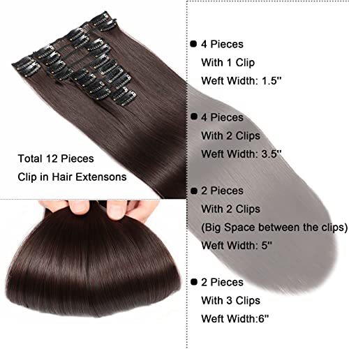 JIAMEISI 22 Inch Clip in Hair Extensions Long Straight Hair Extensions Clip in 12Pcs Synthetic Fiber Full Head Clip in Hairpieces for Women Double Weft 2/33 Black mixed Dark Brown - Image 4