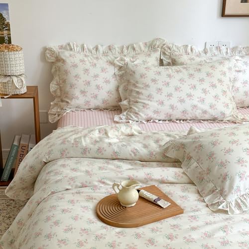 mixinni Pink Floral Duvet Cover Set Full Size - 100% Cotton Ruffle Lace Bedding Set for Girls...