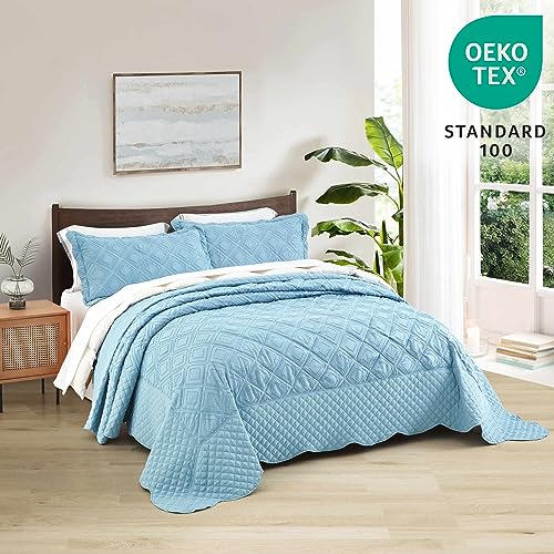 Image of Oversized King Bedspread, Clipped Jacquard Diamond Quilt Set King /Cal King, Lightweight Tufted Reversible Coverlet, Scalloped Edge - Shabby Chic Boho Look, 3 Piece, Peacock Blue