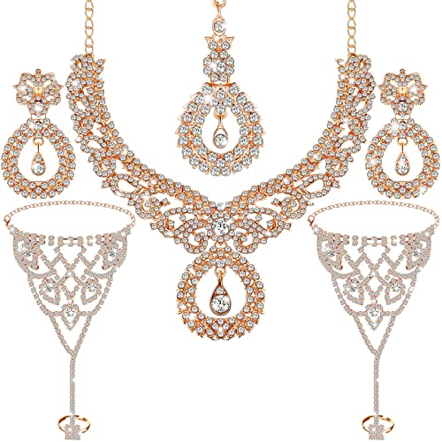 Sureio Indian Jewelry Sets for Women Bollywood Wedding Jewelry Set Choker Necklace Maang Tikka Earrings Rhinestone Bracelet