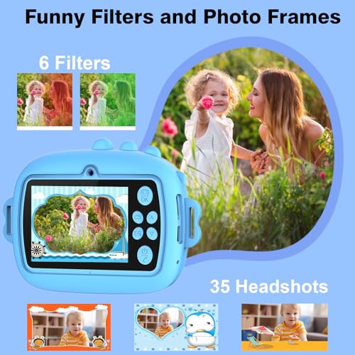 Image of Kids Camera with Instant Print, Front & Rear Dual Cameras, Portable Travel Digital Toy, Birthday for Girls & Boys Ages 3-12 (32GB SD Card) Blue