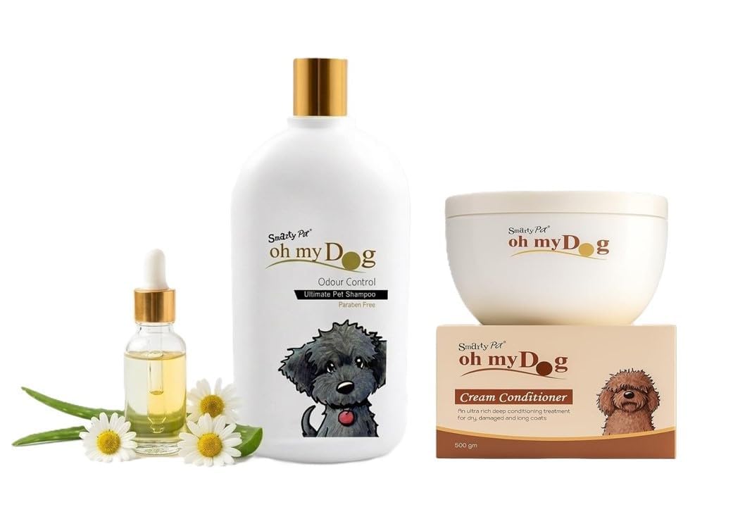 oh my dog odour control pet shampoo (1000ml) & cream conditioner spa set (500g) – paraben-free deodorizing grooming combo, damaged & long coats