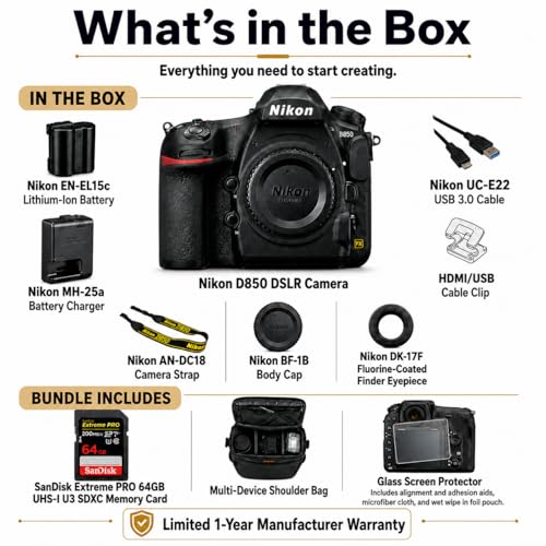 Image of Nikon D850 DSLR Camera, Bundle with 64GB Memory Card | Multi-Device Shoulder Bag | Screen Protector | Nikon 1-Year Warranty