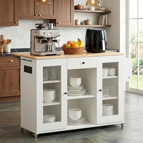Image of ROCCO Walky Kitchen Island Storage Cabinet with Wheels, Solid Rubber Wood Top, Fluted Acrylic Doors, Built-in Power Sockets & LED Lights, Soft-Close Hinges & Side Organizer (White, Large & Extendable)