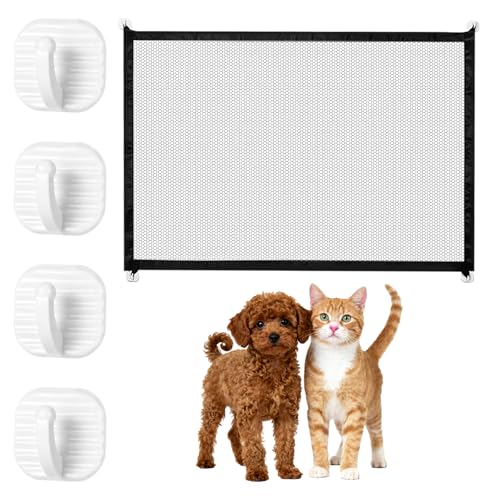 Absperrgitter Hund, Türgitter Hunde & Katze, Treppenschutzgitter Ohne Bohren, Türschutzgitter Ohne Bohren, Hundegitter Wohnung für Kleine Haustiere für Zuhause & Reisen, 110×72 cm mit 4 Klebehaken