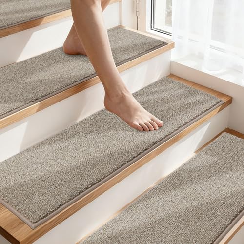 COSY HOMEER Stair Treads Non-Slip Carpet Stair Treads for Wooden Steps, Indoor Stair-Runner Rugs for Kids Elders & Pets 28'x9' (15Pc, Beige)