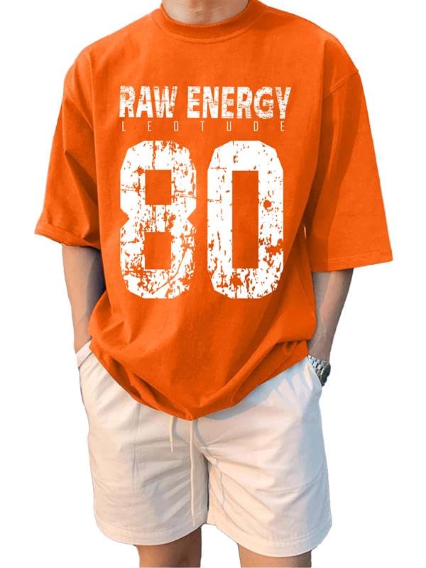 Image of LEOTUDE Men Half Sleeve Round Neck Graphic Font Printed Cottonblend Oversized Tshirts (Colour: Orange)