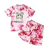 Axumity Kid Toddler Girl Clothes Summer SHort Sleeve Figure Graphic Tie Dye Tee + Shorts Summer Outfits Set(7-8T)