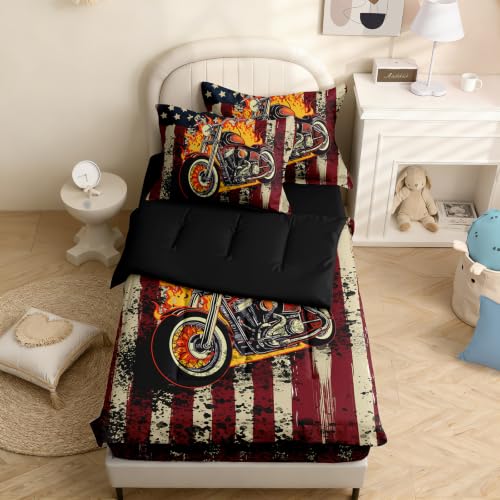 Image of Kids Comforter Set,Zipper Bedding Twin for Teen,Motorcycle Printed Comforter Set with Fitted Sheets and Pillowcases for All Season(Motorcycle Twin)