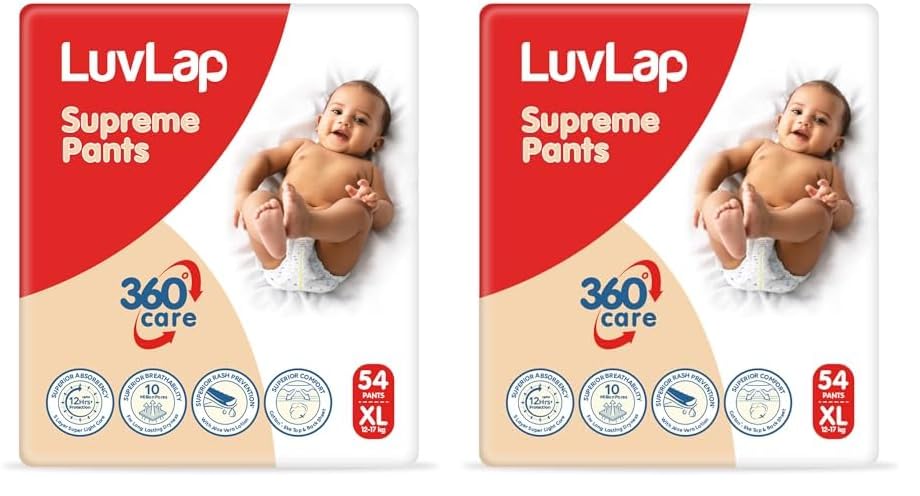 Image of LuvLap Supreme Diaper Pants Extra Large (XL) 12 to 17Kg, 54Pc, 360 skin care with 10 million breathable pores, Aloe Vera for superior Rash prevention, upto 12hr protection, 5 layer super light core