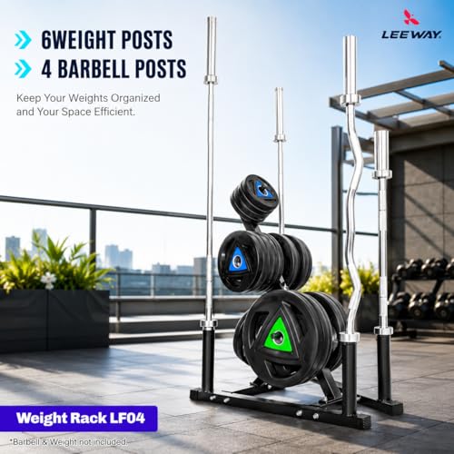 Image of LEEWAY Olympic Weight Plate Rack with Barbell Holders | Heavy Duty Gym Plate Storage Stand | 2-Inch & 1-Inch Plate Tree Stand Organizer for Home Gym | Compact Space Saving Equipment Rack (Weight Plate Rack)
