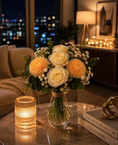 Image of Divyakosh Artificial Flowers for Home Decoration, Flora for Decor| Artificial Flowers for Vase (VASE NOT Included) Home Decor Items, Artificial Peach Dahlia & Rose Flowers Bunch for Vase