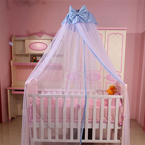 RuiHome Baby Bed Mosquito Net Crib Hanging Dome Canopy Netting with Blue Bowknot Fits Cradle Cot Boys Girls Nursery Bedroom Decor, H-239