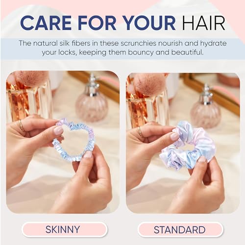 Image of Blissy Silk Scrunchies (3 Pack) - 100% Pure Mulberry Silk - 22 Momme 6A High-Grade Fibers Scrunchie for Straight & Curly Hair - Preventing Breakage, Tangling, & Creasing (Tie Dye Skinny)