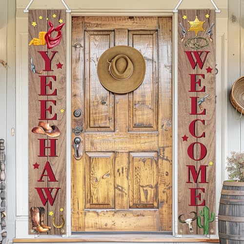 Image of Avezano Wild West Cowboy Banner Yee Haw Welcome Porch Signs Western Cowboy party decorations for Birthday Baby Shower Indoor Outdoor