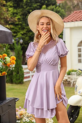 Kate Kasin Women Slim Layered Ruffle Mini Dress Short Sleeve Pleated A Line Short Dress Purple Xl #TOP1