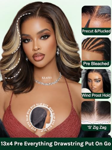 Image of KLAIYI Bye Bye Slip Highlight Blonde Bob Loose Wave Pre Everything 13x4HD Lace Front Wigs Human Hair Ombre Brown Layered Blowout Glueless Drawstring Pre Plucked Bleached Knots Face Framing Wig 12Inch