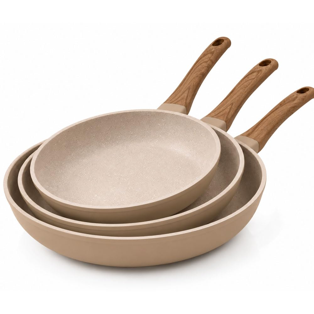 081 Store - Set 3 Padelle Antiaderenti 20, 24 e 28 cm, Padelle per Induzione, Gas e Tutti i Piani Cottura, Rivestimento Effetto Granito, Alluminio Forgiato, Senza PFOA, Manici Ergonomici Effetto Legno