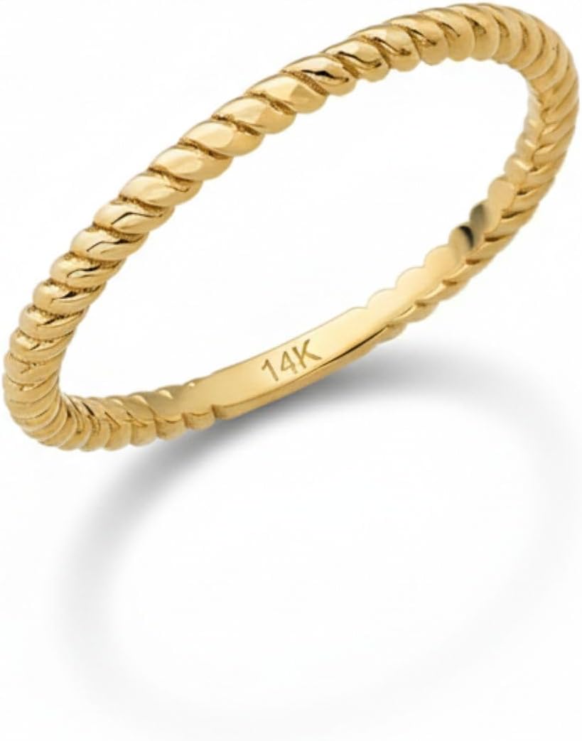 14K Real Solid Gold Ring for Women, Twisted Rope Ring, Stackable Band for Women, Band Thickness 1.5 mm