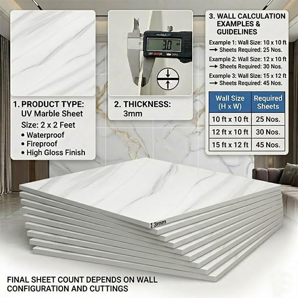 Image of WALLVEAR UV Marble Wall Panel 2x2 Ft PVC High Gloss Sheet (16)