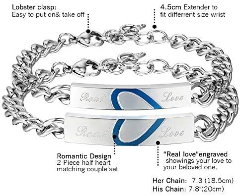 Cupimatch 2PCS Couples Bracelets Set Stainless Steel Love Heart Puzzle Matching Valentine Engagement Gift Link Chain Bracelet for Men Women (Blue) - Image 4