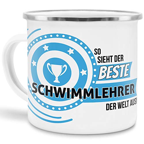 Emaille-Tasse mit Spruch So sieht der beste Schwimmlehrer der Welt aus - Beruf/Arbeit/Hobby/Edelstahl-Becher/Metall-Tasse/Kollege