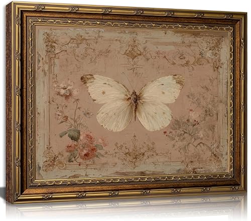 Gold Framed Wall Art Vintage Butterfly Canvas Wall Art White Moth Moody Rustic Insect Artwork Prints Picture for Living Room Bedroom Farmhouse Bathroom Office Decor 11 L x 9 W