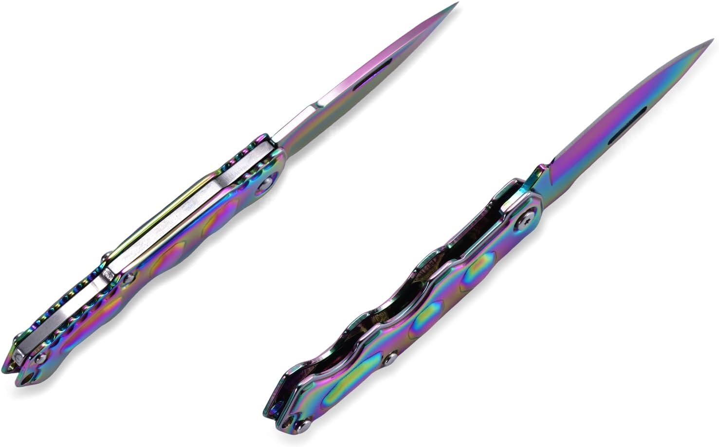 Folding Pocket Knife for Women, Small EDC Keychain Knife, 2.36” X50Cr15MoV Stainless Blade, Titanium Rainbow Coating, Ultra-Light 62g, No-Lock Design