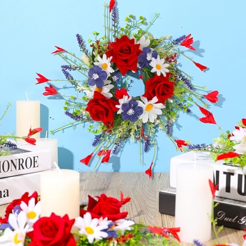 Image of 4 Pcs Veterans Day Red White and Blue Candle Rings 3 Inch Patriotic Pillars Candle Wreaths Mini Floral American Wreath 4th of July Independence Day Rings Wreaths for Table Window Door Decor