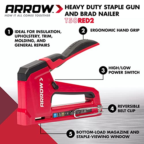Arrow T50RED2 Pistola de grampo 2 em 1 manual resistente e prego para estofados, molduras, isolament