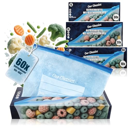 com-four® 60-tlg. Set Gefrierbeutel 1L, 3L, 6L zum Verschließen, wiederverschließbare Frischhaltebeutel zur Lebensmittelaufbewahrung - Allzweckbeutel bis -40°C (1L/3L/6L - 60 Stück)