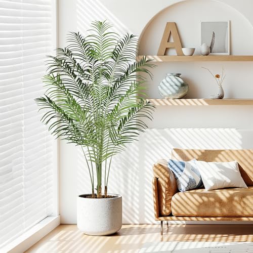 Image of 6.5ft Artificial Palm Tree - 195cm Tall Fake Areca Palm Plant with 18 Leaves and Realistic Bark Design - Faux Tropical Plants with Pot Perfect for Indoor Home, Living Room, or Bedroom Decor