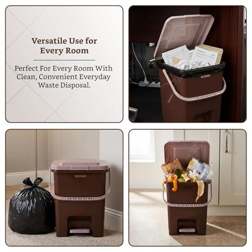 Image of Amazon Brand - Solimo Square Pedal Dustbin (18L) | Hands-Free Trash Bin with Lid | Durable Plastic | Odor Control | Compact Design | For Kitchen, Bathroom & Office | 32.5L x 31.8B x 37.3H cm | Dark Brown