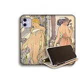 【スタンド機能】 ベルトなし 手帳型 iPhone11互換 スマホケース 【世界の名画】 ミュシャ ☆アール・ヌーヴォー☆ イラスト 美しい 女性 可愛い 星 絵画 芸術 アート art(四つの花 アイリス カーネーション)