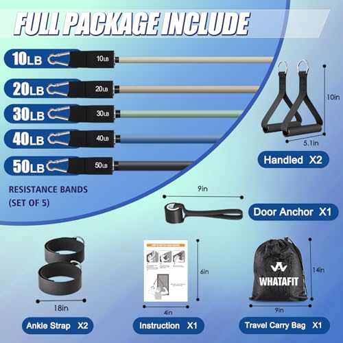 Image of WHATAFIT Resistance Bands, Exercise Bands, Workout Bands with Handles, Door Anchor and Ankle Straps, 5 Resistance Levels Fitness Bands for Strength Training, Physical Therapy, and Home Gym Equipment