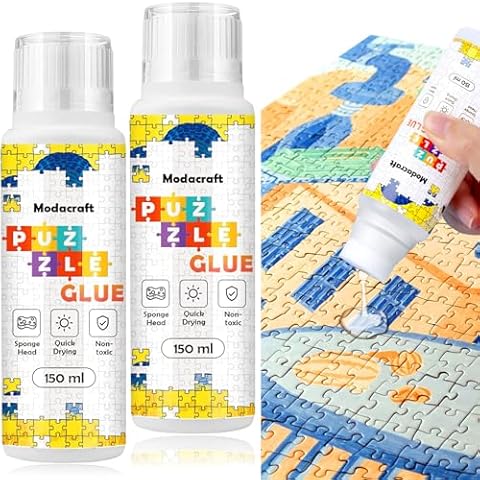 Modacraft 2 Pack 150ml Jigsaw Puzzle Glue with New Sponge Head, Suitable for 1000/3000/5000 Pieces of Paper and Wood Puzzle, Clear Quick Dry Jigsaw Puzzle Glue, Used of Paper Puzzles, 300ml in Total Cover