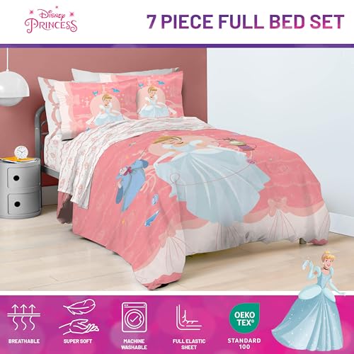 Image of Disney Princess Full Size Comforter Set 7 Piece Kids Bedding, Pink | Cinderella, Bed in a Bag, Comforter Sheets Shams Pillowcases, Official Brand, Soft Microfiber, Machine Washable, Girls Gift