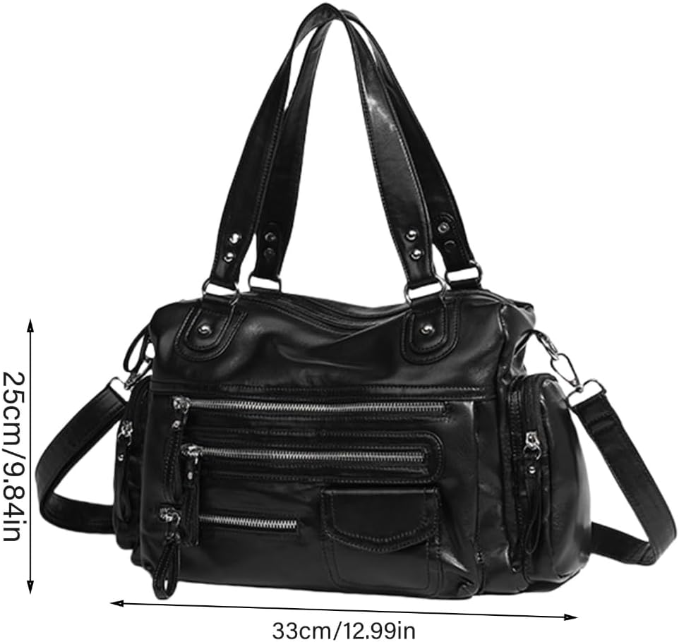 Fashionable Vintage Motorcycle Satchel Large Capacity PU Shoulder Bag Punk Zippered Crossbody Handbag Purse