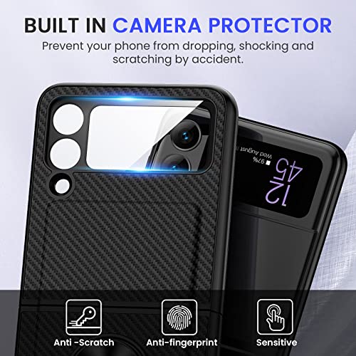 Vego For Galaxy Z Flip 3 Stand Case With Hinge Protection, Full-Body Protective Case With Built-In Glass Camera Lens Protector For Samsung Galaxy Z Flip 3 5G (2021) - Carbon Fiber Black #TOP4
