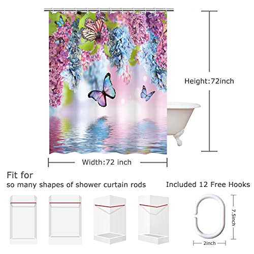 Livilan Butterfly Shower Curtains With Hooks, Floral Shower Curtain, Blue Butterfly Shower Curtain, Watercolor Flowers And Green Leaves Fabric Curtains For Bathroom Decor (72" W X 72" H) #TOP5