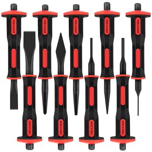 Image of TOOLEAGUE 9Pcs Punch and Chisel Set with Hand Guard | Including Cape & Cold Chisels, Taper, Pin & Center Punch for Working with Wood, Metal, Automotive