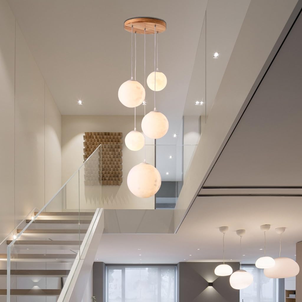 Sospensione Moderno La Spia Lampada A Sospensione Della Scala Lunare E27 Per Soffitti Ad Alta Modifica Lampadari A Soffitto In Legno Light Plapshade Per Scale, Sala Da Pranzo Soggiorno Foyers(11