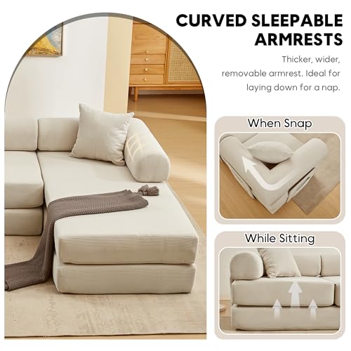 Image of 107 inch Modular Sectional Sofa Bed, L-Shape Corduroy Boneless Couch, Beige