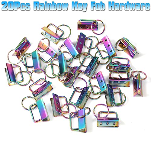 Speedwox 20Pcs 1.25" Rainbow Key Fob Hardware With Key Fob Pliers Set, 8" Glass Running Pliers With Rubber Tips, Curved Jaws, Hardware With Key Ring For Wristlet Keychain Hardware Install #TOP1