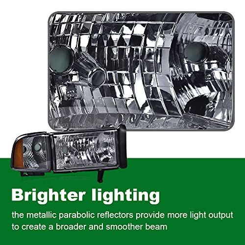 Image of GRAND ORANGE Headlights Assembly, Compatible with Dodge Ram 1500 2500 3500 1994 1995 1996 1997 1998 1999 2000 2001 2002 Black Housing Clear Corner Lamps(Smoky lens Chrome Housing Amber Reflector)