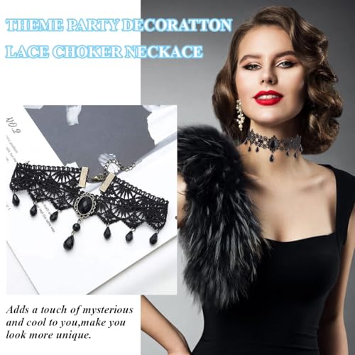 Gothic Halskette Set Schwarz Halsschmuck Damen Spitze Kette Damen Gotisch Choker Zubehör Vintage Halsband Victorian Schmuck für Halloween Pfingsten Maskerade Karneval Fasching Halloween Outfit,2 Stück