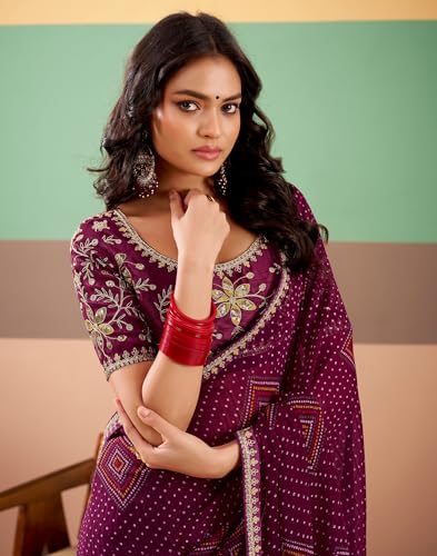 Image of SIRIL Women's Georgette Bandhani Printed, Embroidery Lace Saree With Unstitched Blouse Piece
